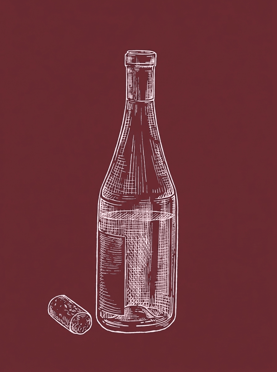 Engraved illustration of a wine bottle and cork